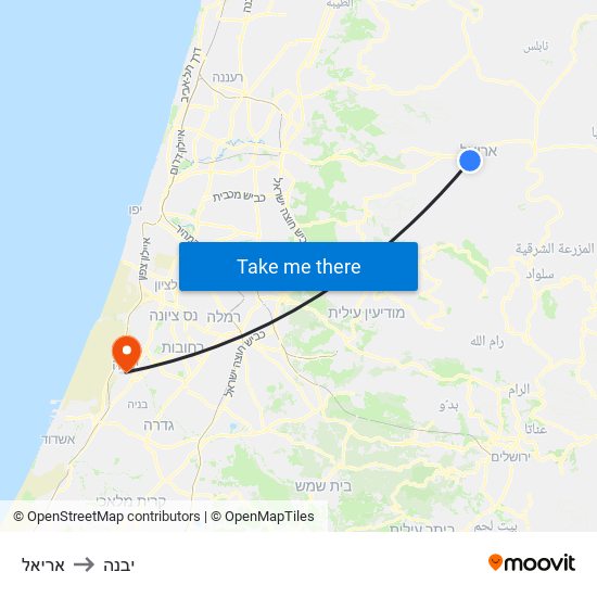 אריאל to יבנה map