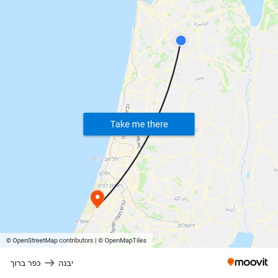 כפר ברוך to יבנה map