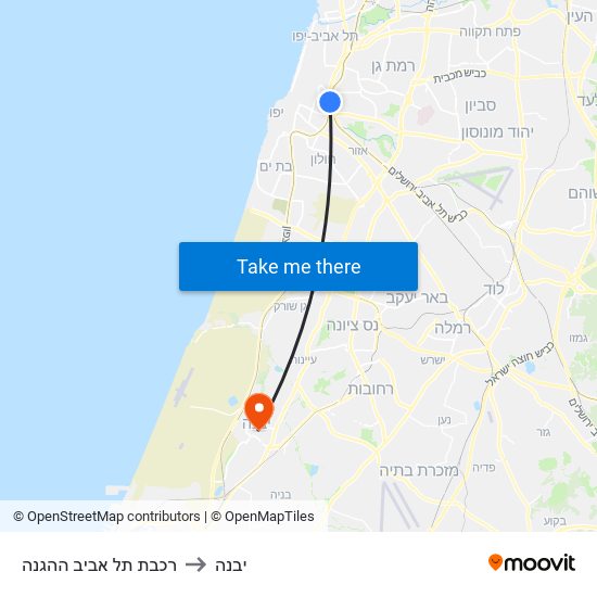 רכבת תל אביב ההגנה to יבנה map