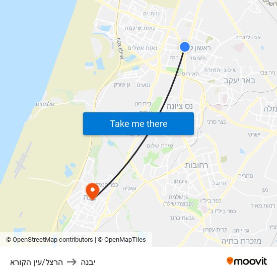 הרצל/עין הקורא to יבנה map