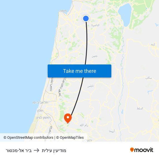 ביר אל-מכסור to מודיעין עילית map