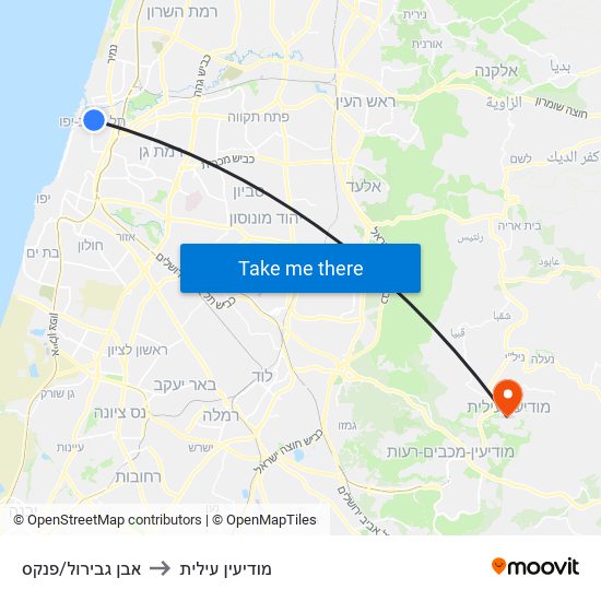 אבן גבירול/פנקס to מודיעין עילית map