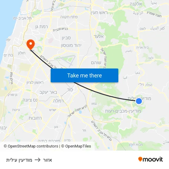 מודיעין עילית to אזור map