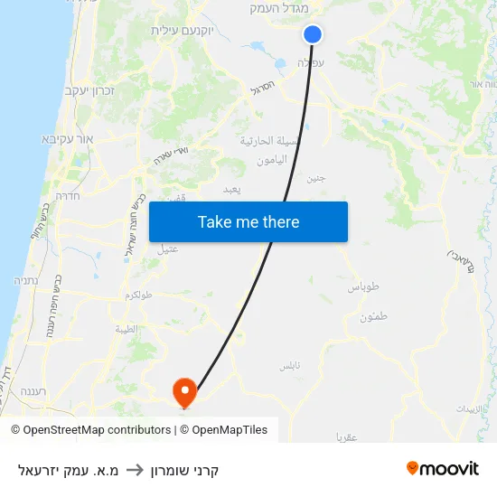 מ.א. עמק יזרעאל to קרני שומרון map