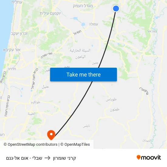 שבלי - אום אל-גנם to קרני שומרון map