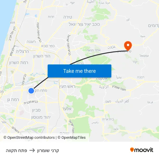 פתח תקווה to קרני שומרון map