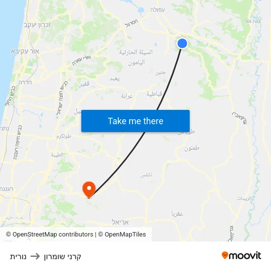 נורית to קרני שומרון map