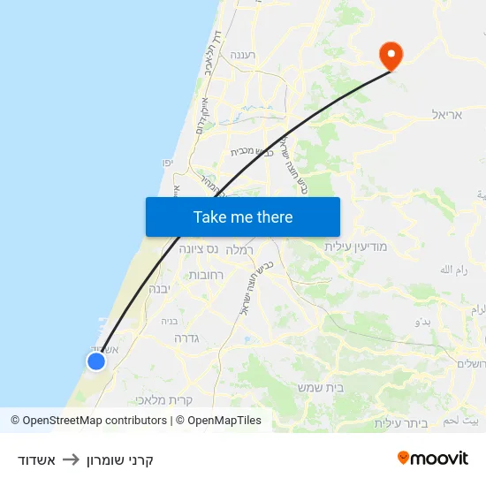 אשדוד to קרני שומרון map