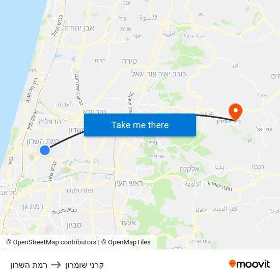 רמת השרון to קרני שומרון map