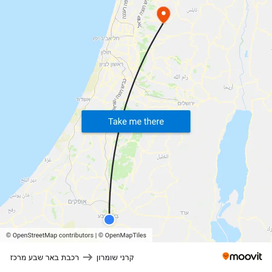 רכבת באר שבע מרכז to קרני שומרון map