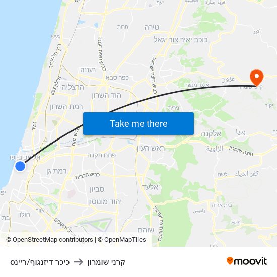 כיכר דיזנגוף/ריינס to קרני שומרון map