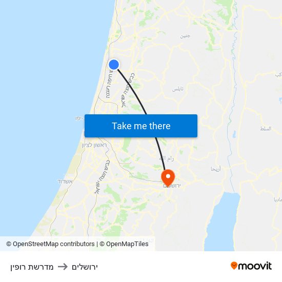 מדרשת רופין to ירושלים map