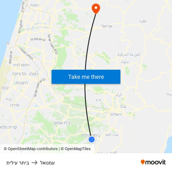 ביתר עילית to עמנואל map