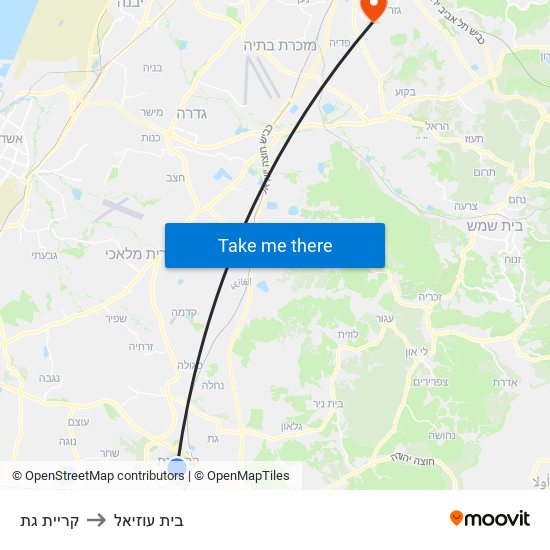 קריית גת to בית עוזיאל map