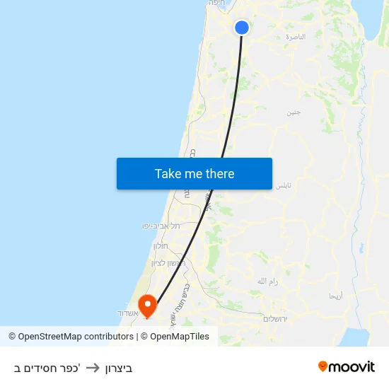 כפר חסידים ב' to ביצרון map