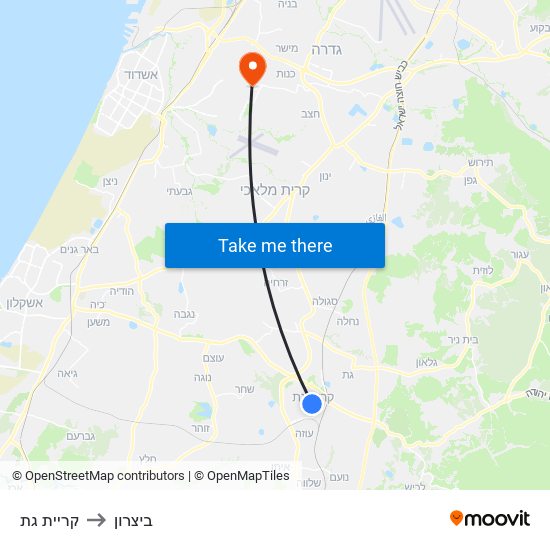 קריית גת to ביצרון map