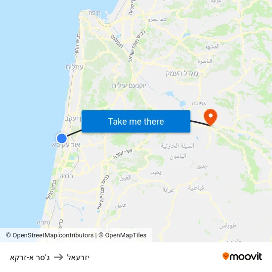 ג'סר א-זרקא to יזרעאל map