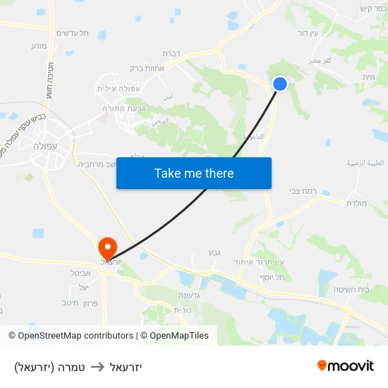 טמרה (יזרעאל) to יזרעאל map