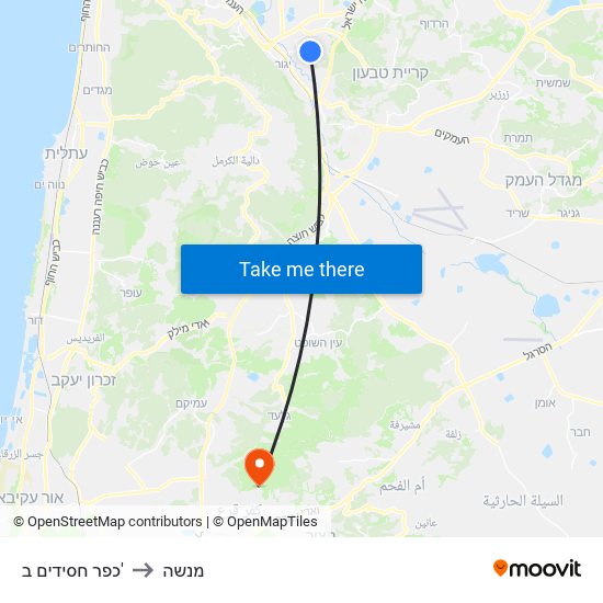 כפר חסידים ב' to מנשה map