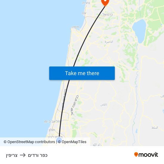 צריפין to כפר ורדים map