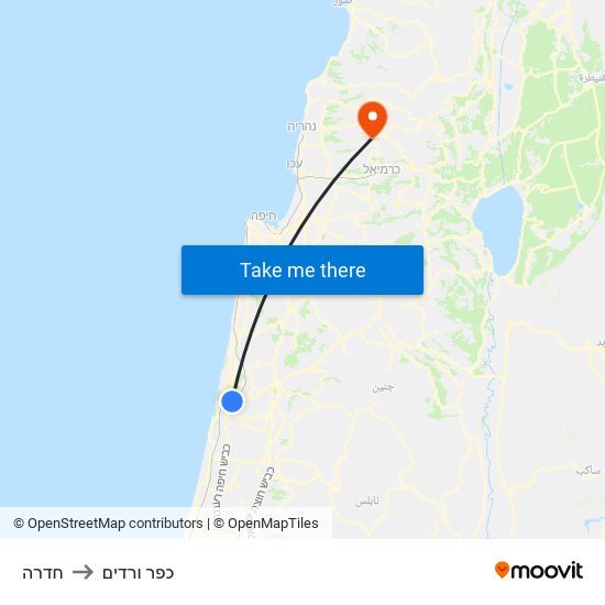 חדרה to כפר ורדים map