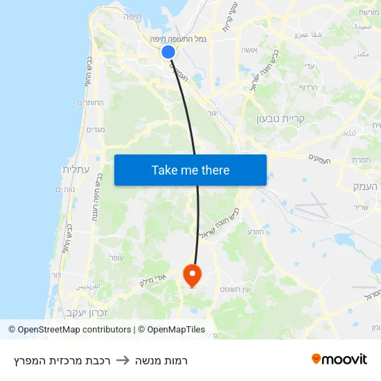 רכבת מרכזית המפרץ to רמות מנשה map