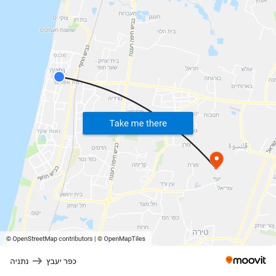נתניה to כפר יעבץ map