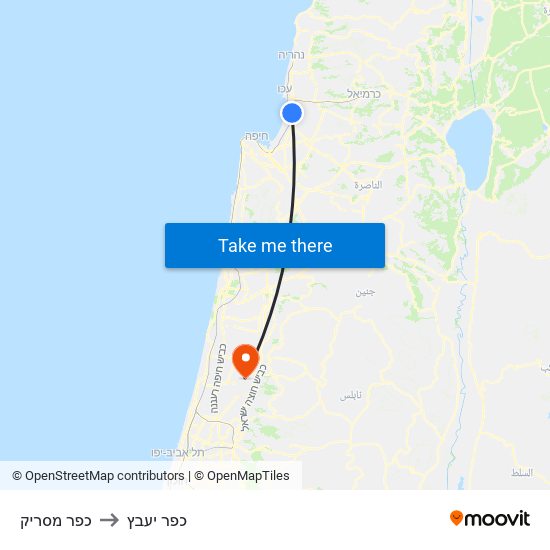 כפר מסריק to כפר יעבץ map