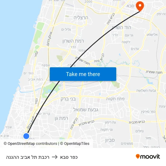רכבת תל אביב ההגנה to כפר סבא map