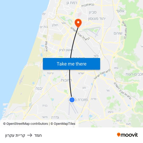 קריית עקרון to חמד map