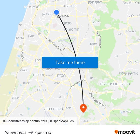 גבעת שמואל to כרמי יוסף map