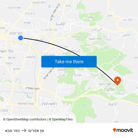 כפר סבא to עץ אפרים map