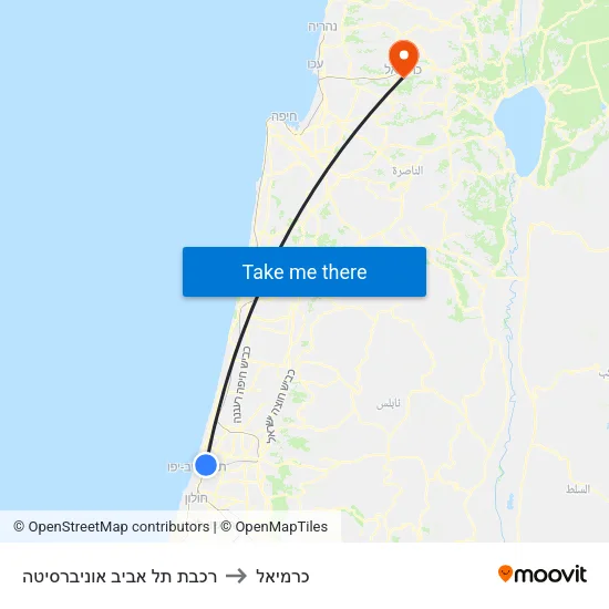 רכבת תל אביב אוניברסיטה to כרמיאל map