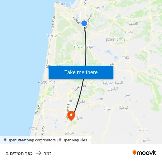 כפר חסידים ב' to זמר map