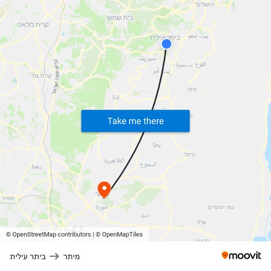 ביתר עילית to מיתר map