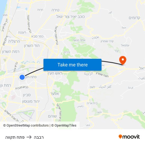 פתח תקווה to רבבה map