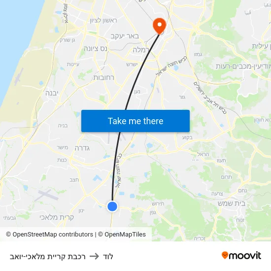 רכבת קריית מלאכי-יואב to לוד map