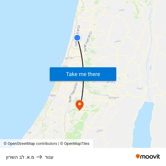 מ.א. לב השרון to עגור map