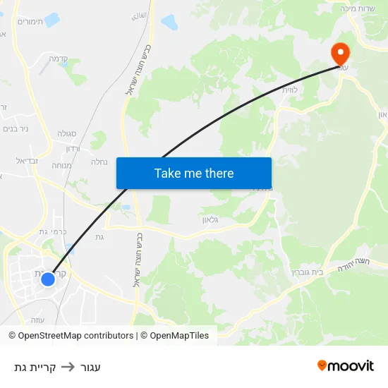 קריית גת to עגור map