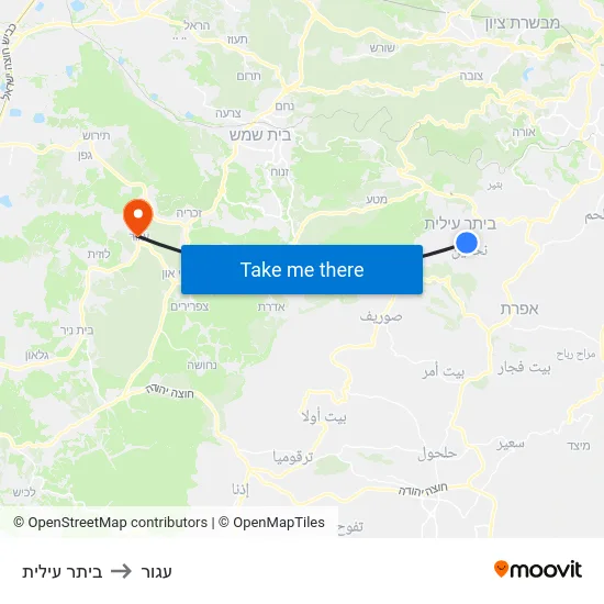 ביתר עילית to עגור map