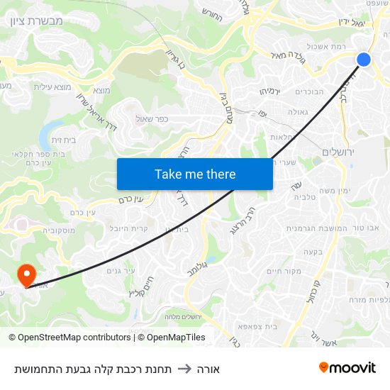 תחנת רכבת קלה גבעת התחמושת to אורה map