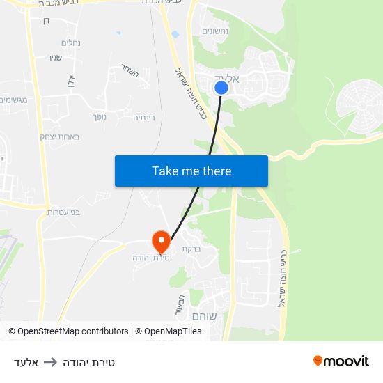 אלעד to טירת יהודה map