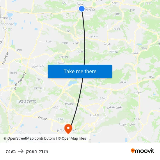 בענה to מגדל העמק map