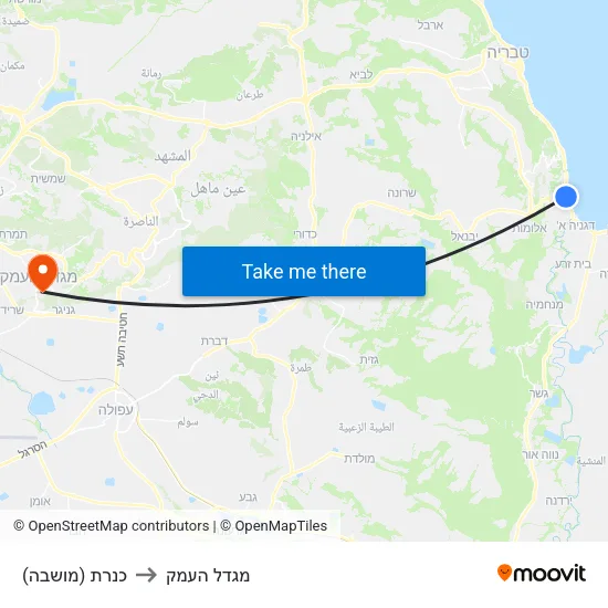 כנרת (מושבה) to מגדל העמק map