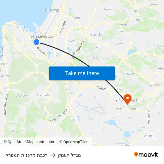 רכבת מרכזית המפרץ to מגדל העמק map