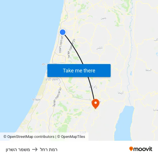 משמר השרון to רמת רחל map