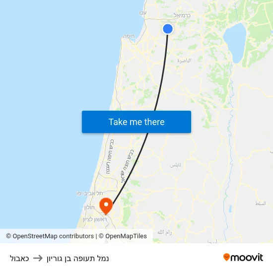 כאבול to נמל תעופה בן גוריון map