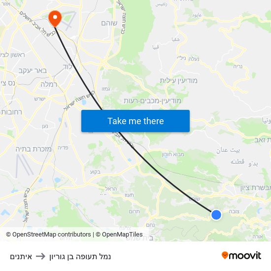 איתנים to נמל תעופה בן גוריון map