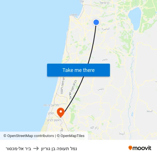 ביר אל-מכסור to נמל תעופה בן גוריון map
