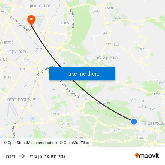 ידידה to נמל תעופה בן גוריון map
